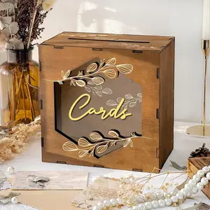 Brown Wedding Card Box with Acrylic Window, Wooden Gift Card Box for Wedding Reception Decorations, Money Box Decorations for Reception Party Birthday Rustic Wedding Decor