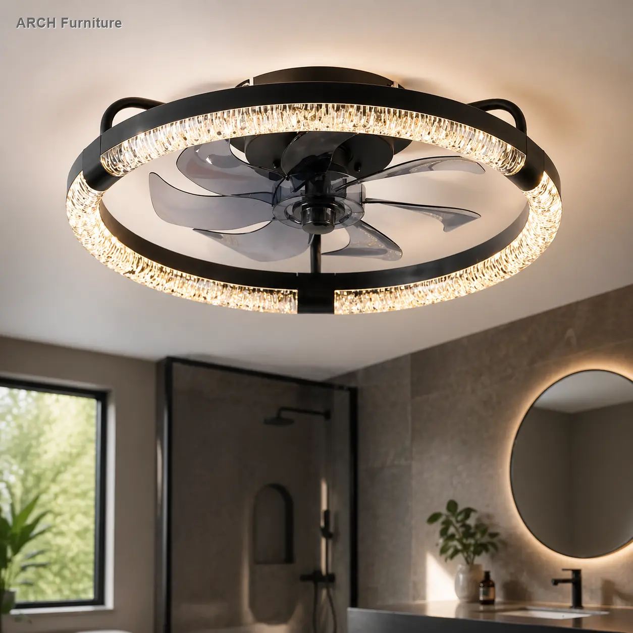 20-in ARCH Flush Mount Ceiling Fan with LED Kit, 3000-6500K Dimmable LED Ambient Lights, 6-Speed Quiet DC Motor, Remote Control for Living Room, Bedroom Led Lighting Fan