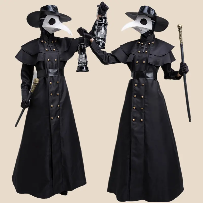 Plague Doctor Costume Set for Women, Steampunk Gothic Polyester Fabric Long Dress with Crow Beak Mask and Hat for Halloween Cosplay, Sizes up to XXL, Head Cover, Skirt, Lamp, Scepter, Full-Length, 03 Style [Skirt + Hat + Mask + Gloves], Animation, Belt, A