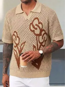 Spring Summer New Polo Neck Loose Comfortable Mesh Breathable Small Flower Pattern Unisex Short Sleeve Knit Top Knitted Shirt