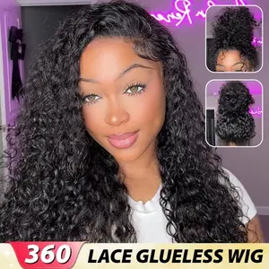 CurlyMe Water Wave / Kinky Straight Invisi Strap Snug Fit 360 Transparent Lace Frontal Human Hair Wigs Wear Go Glueless Wig Bleached Knots Pre Cut Lace Pre Plucked Realistic Hairline Beginner Friendly