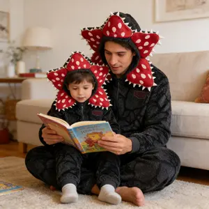 Stranger  Demogorgon Onesie Upside Family Pjs Fleece Fabric Hooded Jumpsuit Kids Adults Family Cosplay Costume Pajamas Christmas New Year Sleepwear for Boys and Gilrs Clothes