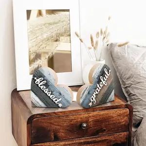 Pack Of 2 Farmhouse Wooden Heart Table Decor - Recycled Wood 3D "Grateful & Blessed" Centerpieces for Living Room, Dining Table, Shelf - Housewarming Gifts, Home Decoration summervibes