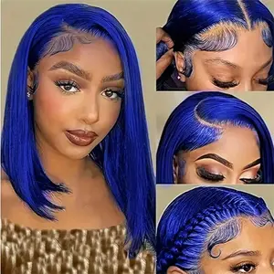 Natural Looking Blue Short Bob Synthetic Lace Front Wig for Women Short Straight Bob Glueless Synthetic Lace Wigs Pre Plucked with Baby Hair Free Part Heat Resistant Wig Mother's Day Gift