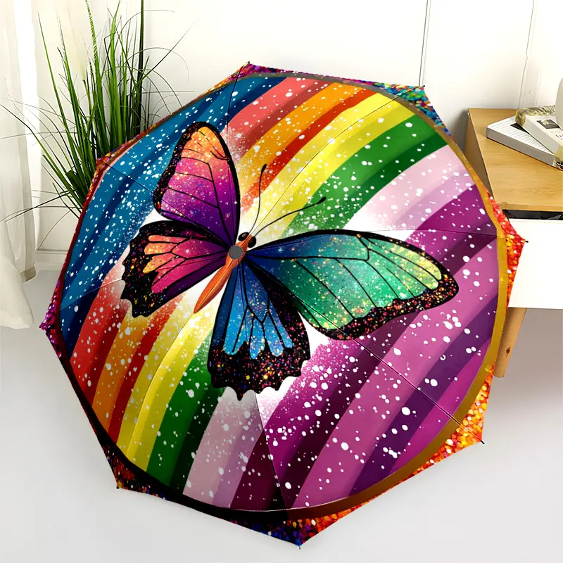1 PC Automatic Folding Umbrella - Rainbow Butterfly Sparkle Circle Pattern, Portable & Foldable Design with 8 Ribs, Merry Christmas Pattern,Casual Outdoor Accessory Halloween and Christmas Birthday Gifts. C00107