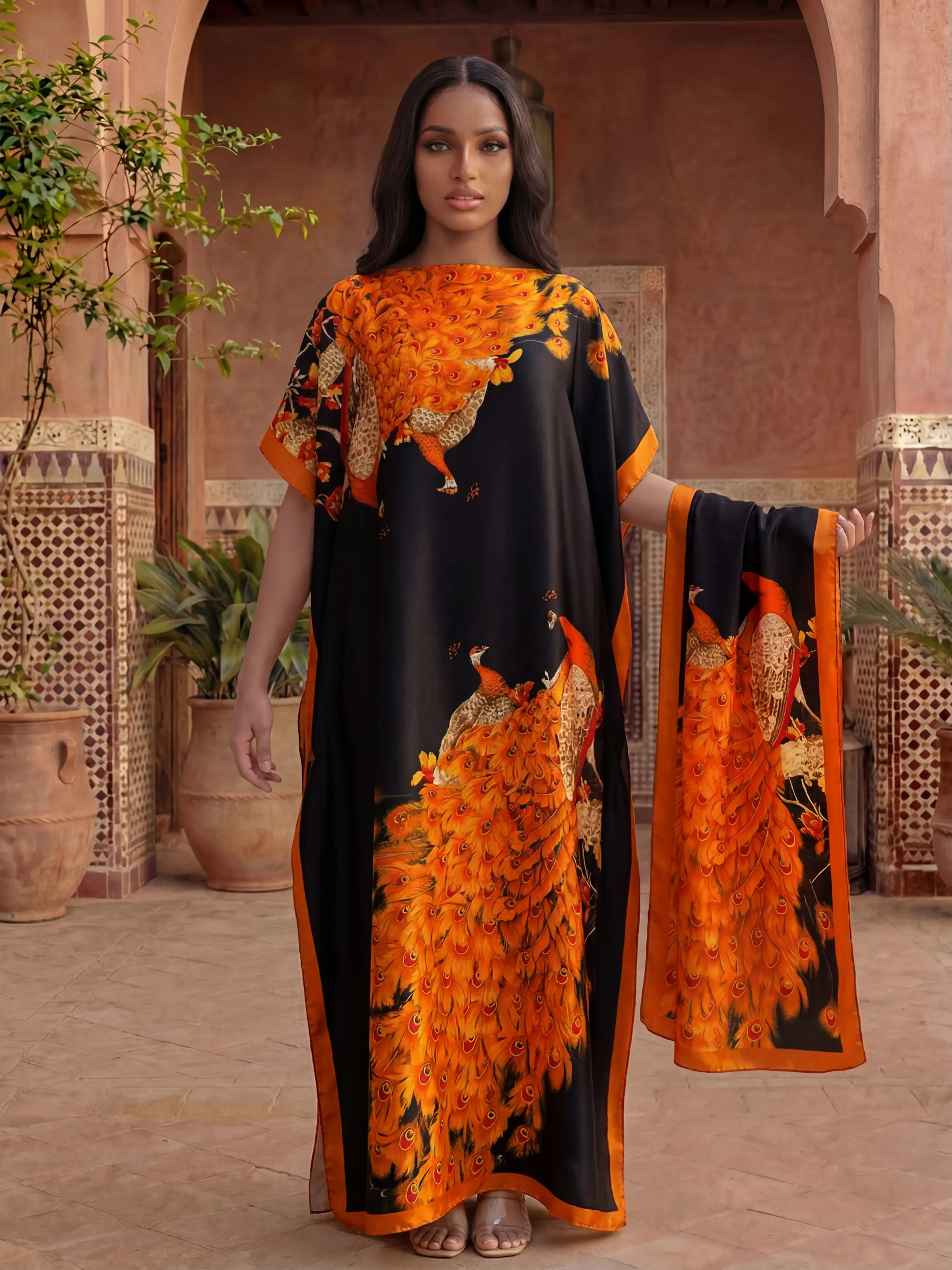 Elegant Simulation Silk Animal Print Shawl Set, Long Dress Cape Pullover + Scarf, Beach Sun Protection, Casual Fitted Style
