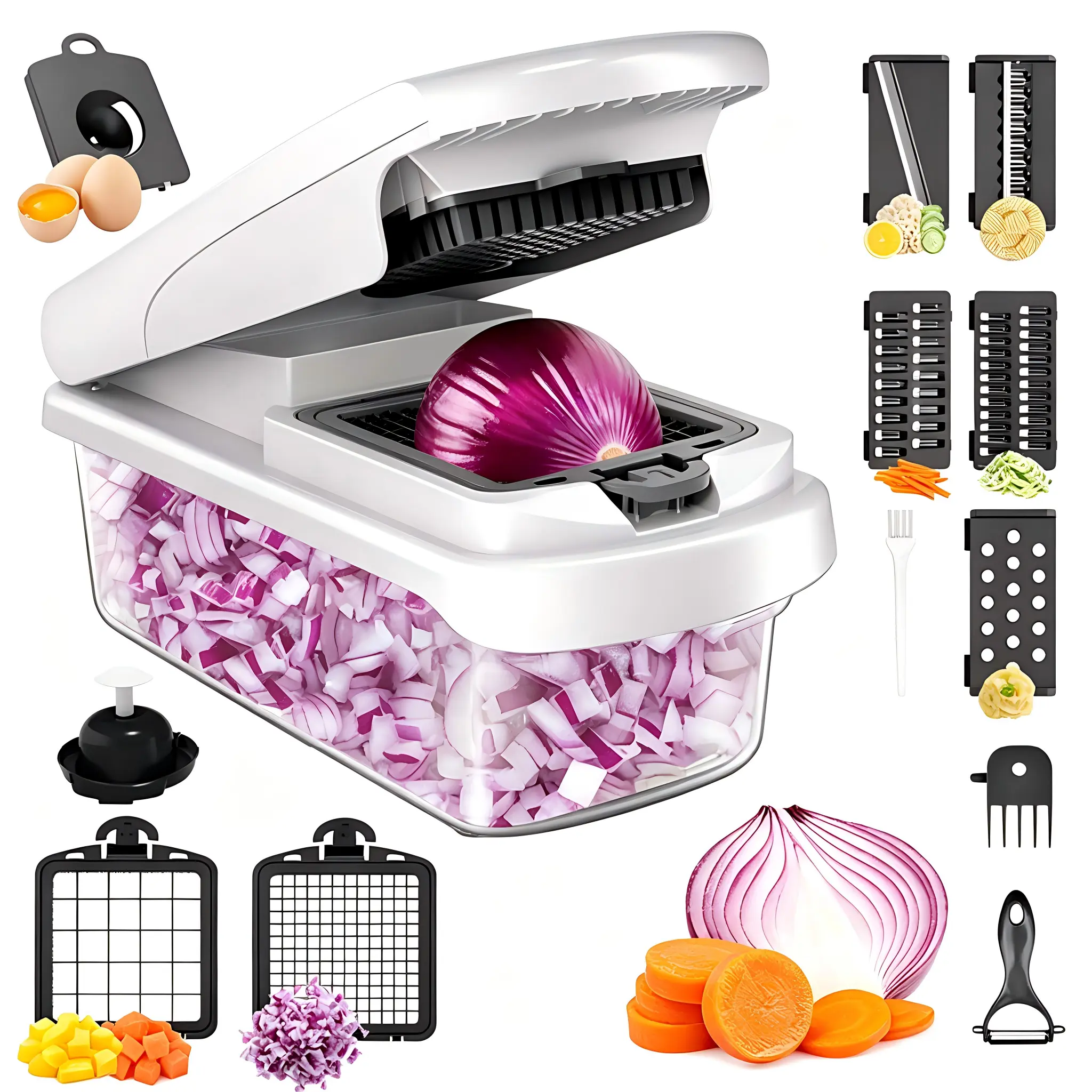 15-in-1 Vegetable Chopper, Multifunctional FoodChopper,Professional Onion Chopper with 8Blades,Vegetable Cutter with Container forPotato,Carrot,Salad,and Garlic; Essential Kitchen Tool