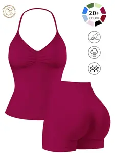 Women's Solid Cami Top & High Waist Skinny Shorts Sportswear Set, Athleisure Sportswear Set, High Stretch Activewear, Breathable Comfortable Seamless Sports Set for Yoga, Gym, Running, Workout Fitness Outfit Clothes