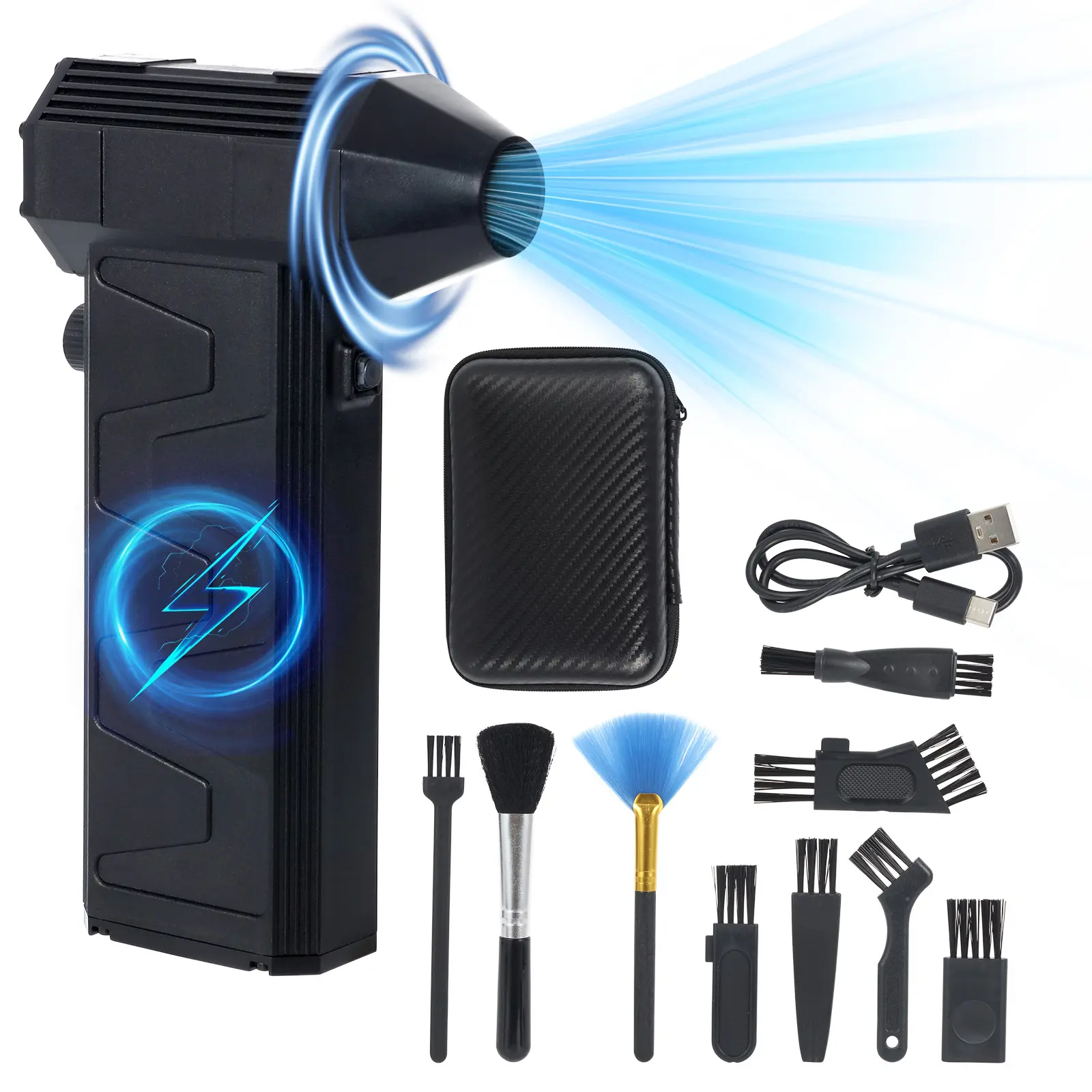 Powerful 130000 RPM Wireless Air Duster, Adjustable Speed Electric Blower with 9 Brushes and Storage Box, Rechargeable Mini Cleaner for Keyboard, Computer, Car, Home