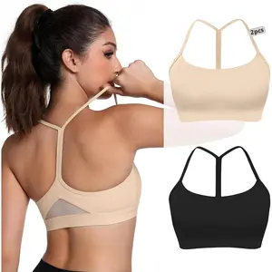 2 Pack Y-Back Racerback Padded Sports Bras - Low Impact Workout Top with Mesh Panel for Running Yoga Gym Fitness