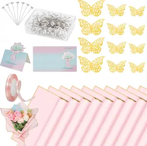 20 Sheets Flower Wrapping Paper Bouquet Wrapping Paper Waterproof with 10 Pcs Greeting cards, 12PCS 3D Gold Butterfly Decor, 50 pearl pins and 24 Yards Satin Ribbon for Wedding DIY Craft Party Pink