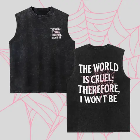 Men's Vintage Washed Cotton Distressed Drape Fabric Sleeveless Tank Top - Pink Spider Web Print, "The World Is Cruel" Quote Gothic Vest