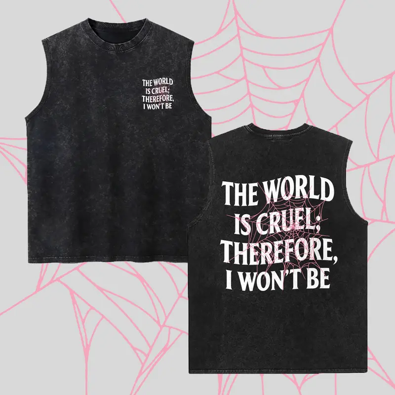 Men's Vintage Washed Cotton Distressed Drape Fabric Sleeveless Tank Top - Pink Spider Web Print, "The World Is Cruel" Quote Gothic Vest