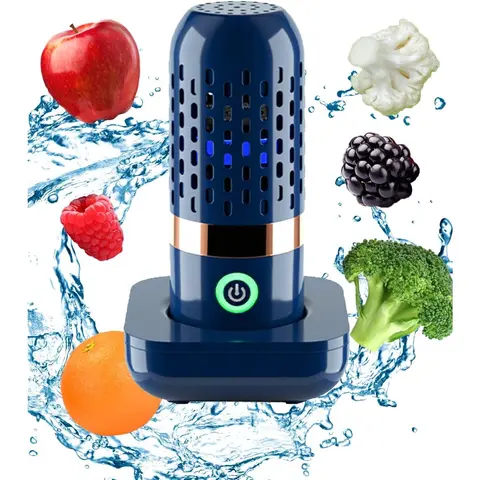 Sohochic Compact Rechargeable Fruit Cleaner Machine - OH-Ion Chemical-Free Natural Cleaning, IPX7 Rated, 250min Working Time, Auto-Stop After 10-Minute Cycle, Wireless Charging, Charging Pad Holder, 1-Button Start for Home Use