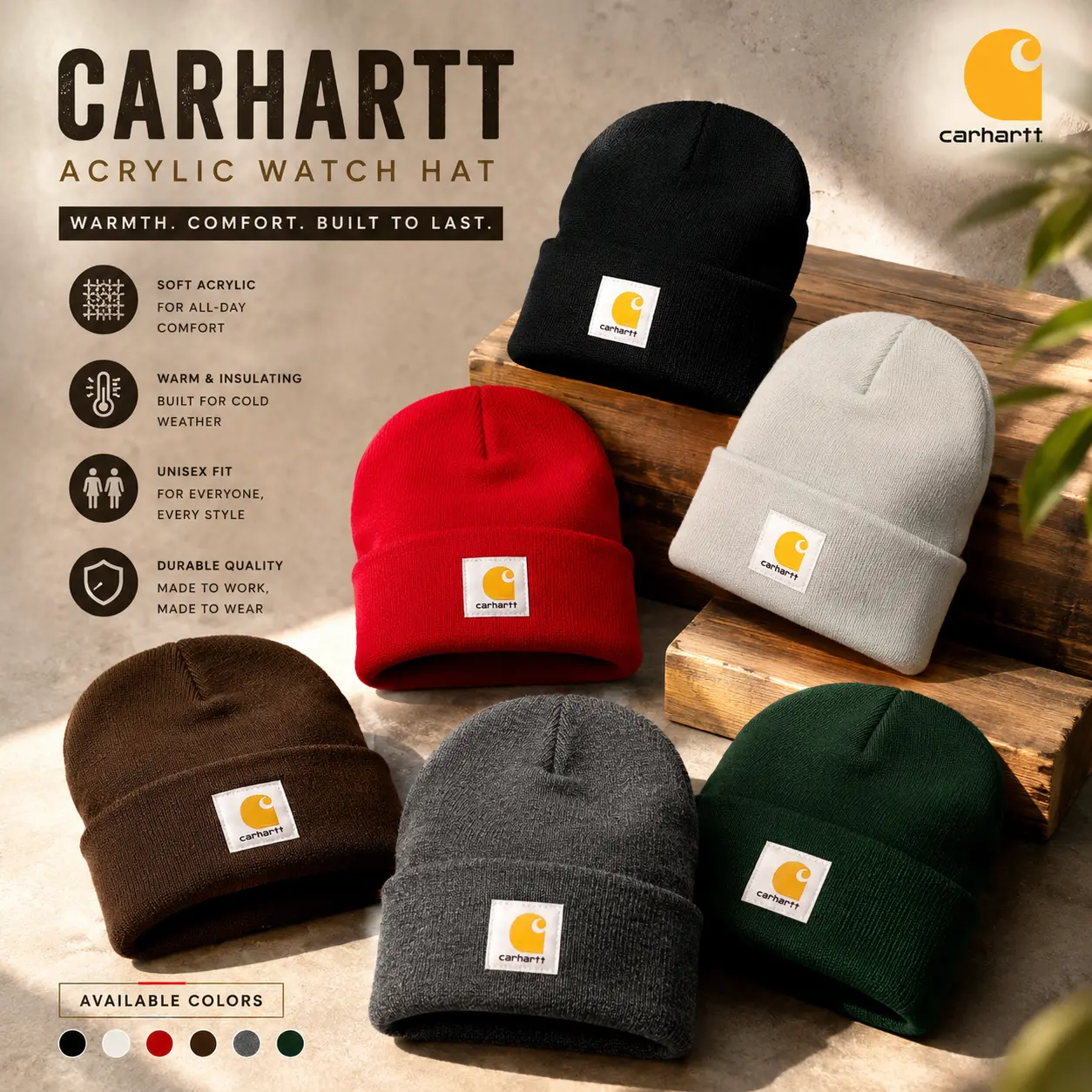 Carhartt Watch Hat Acrylic Knit Beanie for Men Women Warm Winter Skull Cap Stretch Cuffed Workwear Hat Outdoor Cold Weather Casual Fashion Streetwear Soft Comfortable Adult One Size Everyday Gift