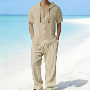 Men’s solid-color linen set for a casual, fashionable coordinated look—breathable, quick-drying top paired with drawstring wide-leg pants, ideal for beach vacations; summer menswear collection., Trouser, Shortsleeve, Plain, Suit