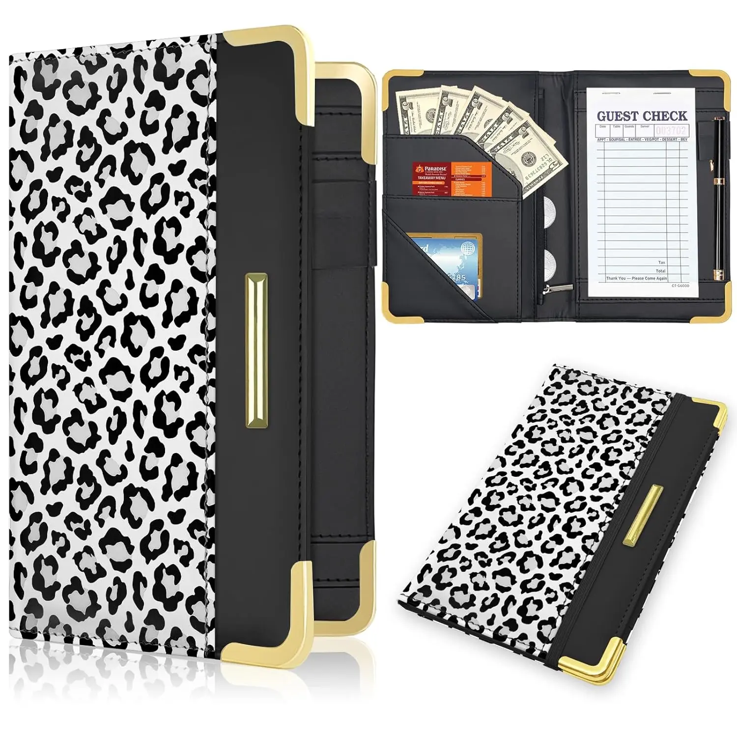 Server Book, Waiter Wallet in  Leather, with  Pocket and Zipper Pouch, Restaurant Waitstaff Organizer Fits Server Apron and Receipt Holder (Leopard-White)