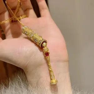 Vintage Brushed Gold Magic Wand Pendant Necklace Chinese Style Inlaid Ruby Crystal Scepter Clavicle Chain Unique Designer Jewelry For Adult Daily Wear
