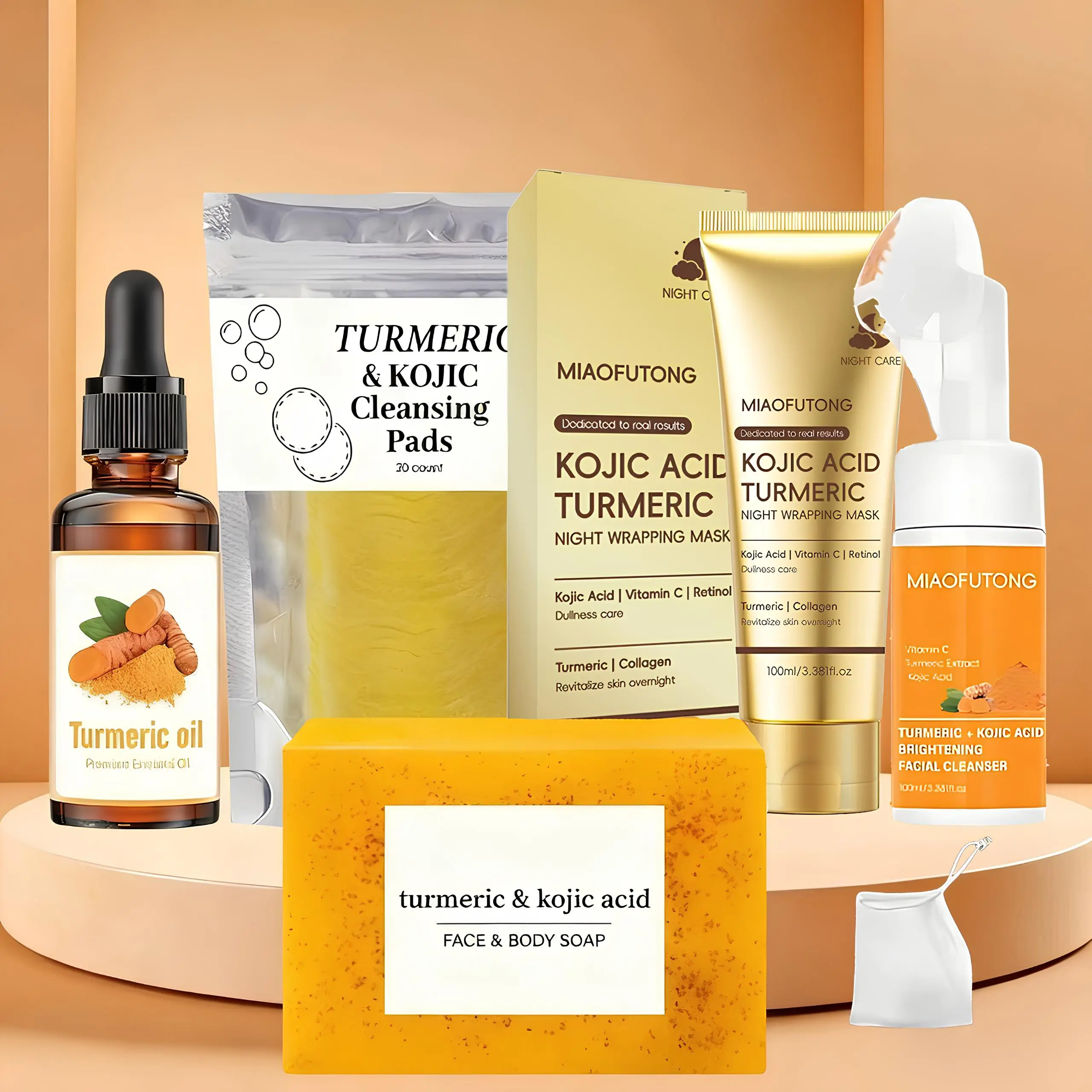 Turmeric 5-Piece Skincare Set  – Includes Turmeric Night Mask Turmeric Soap, Turmeric Cleansing Mousse,Natural Turmeric Facial Oiland Turmeric Tablets. A complete cleansing and skincare kit