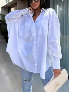 Plus Size Solid Color Collared Button-Down Shirt – Basic Casual Loose-Fit Long-Sleeve Pocket Blouse, Trendy Street Style Outfit, Summer Beach Cover-Up, Daily Office Layering Top, Y2K Aesthetic Clothes, Matching Ripped Jeans, Women, Womenswear, Spring