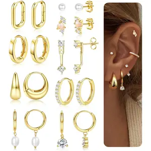 CASSIECA Hoop Earring Stacks for Women 14K Gold-plated Plated Huggie Stud Hoop Earrings Hypoallergenic Stainless Steel Cartilage Earring Sets for Multiple Piercing Lightweight 9Pairs