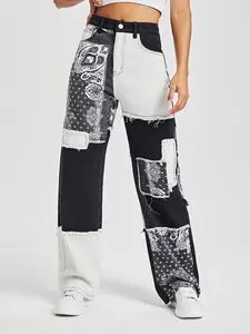 Y2K Patchwork Walnut Flower Denim Jeans High Waist Colorblock Frayed Straight Leg, Fashion Streetwear Slim-Fitting Jeans for Spring & Fall, Womenswear Pants