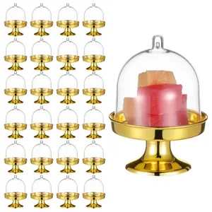 24PCS Mini Plastic Cupcake Stand with Dome Cover, Mini Cake Plate Stand, Gold Clear Small Cake Display Holder for Chocolate, Dessert, Wedding, Birthday, Tea Party Supplies