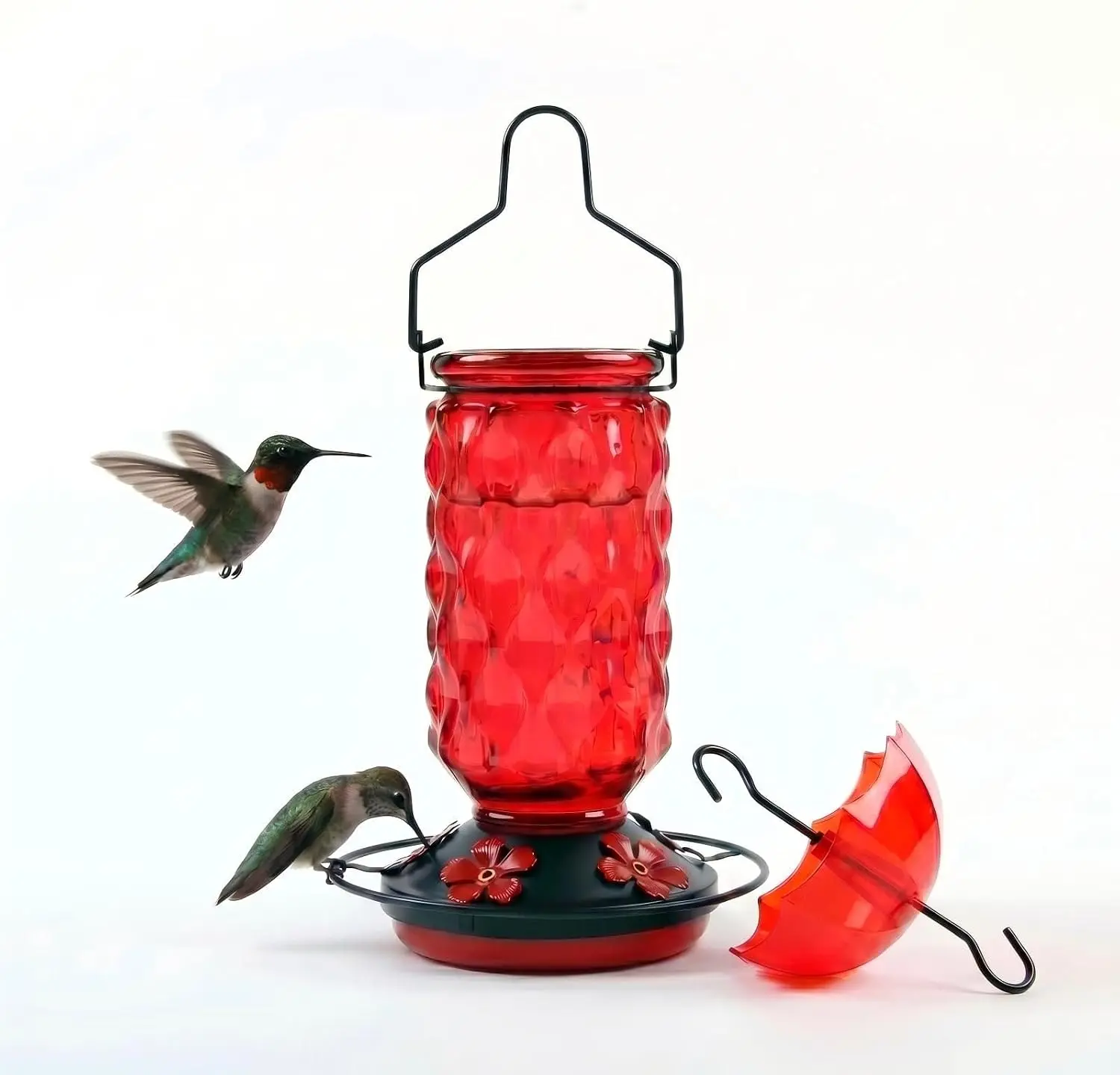 Glass Hummingbird Feeder with Ant Moat Hook Set, Hand Blown Red Glass Bird Feeder for Outdoor Hanging Use, Leak Resistant Design with 5 Feeding Ports and Perch for Garden Decor