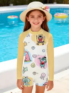 Girls' one-piece swimsuit "SpongeBob Graffiti Party Style" - yellow sleeves with white base + long-sleeved swimsuit with cute undersea friends prints, adorable and healing, full of atmosphere for summer pool/ beach outfits