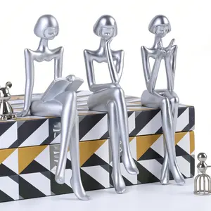 Resin Statue Home Decor, Silver, Modern Art Style, Bookshelf Bathroom Shelf Ornament, Unique Gift for Book Lovers