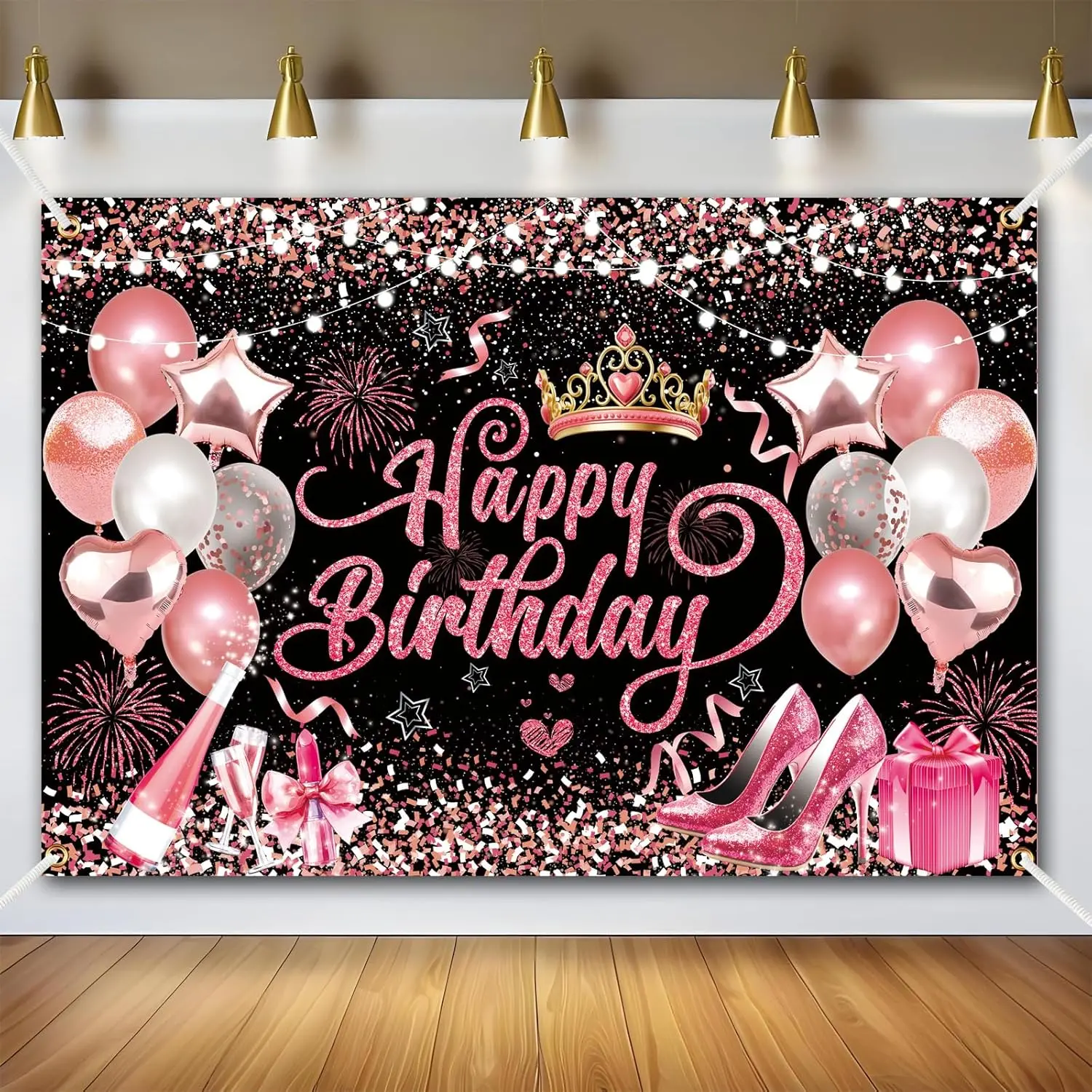 Black Glitter Birthday Backdrop - 71x43 in for Women Girl Party Decorations  Rose  Poster Photography Backgrounds with Happy Birthday Banner for 30th 40th 50th 60th 70th 80th