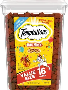 Temptations Birthday Crunchy And Soft Cat Treats Lobster And Beef Flavor 16oz Tub Party Snack Reward for Cats