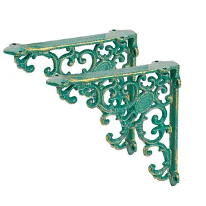 Sungmor Vintage Cast Iron Shelf Brackets - Ornate Decorative Corner Shelf Supports, 2 Pack Garden Wall Hanging Bracket - 7.7 Inch Rustic Green Metal Corbels with Scroll Design, Indoor Outdoor Use