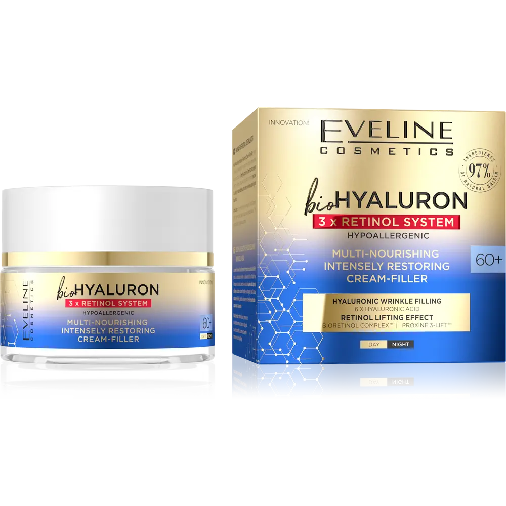 Eveline Cosmetics Bio Hyaluron 3X Retinol System Cream 60+ – Nourishing Night Cream for Skin Repair & Hydration with Hyaluronic Acid