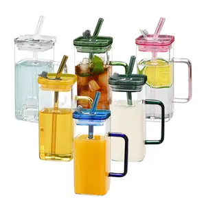 6PCS Square Glass Cup with Lids and Straws, Portable Drinking Clear Tumblers 400ml/14oz, Heat Resistant Transparent Milk Tea Juice Cups Coffee Mug For Home Bar Drinkware