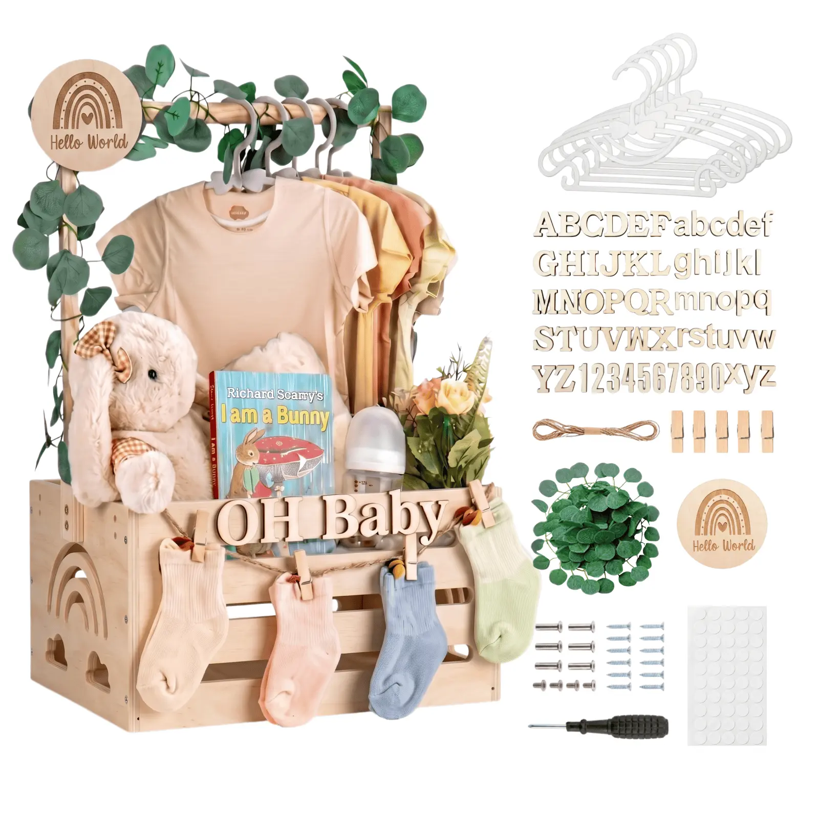 Wooden Baby Shower Gift Basket Crate with Clothes Rack - DIY Baby Gift Closet Kit with Hangers, Wooden Letters, Eucalyptus Garland & Announcement Sign for Newborn Nursery Storage Gender Neutral