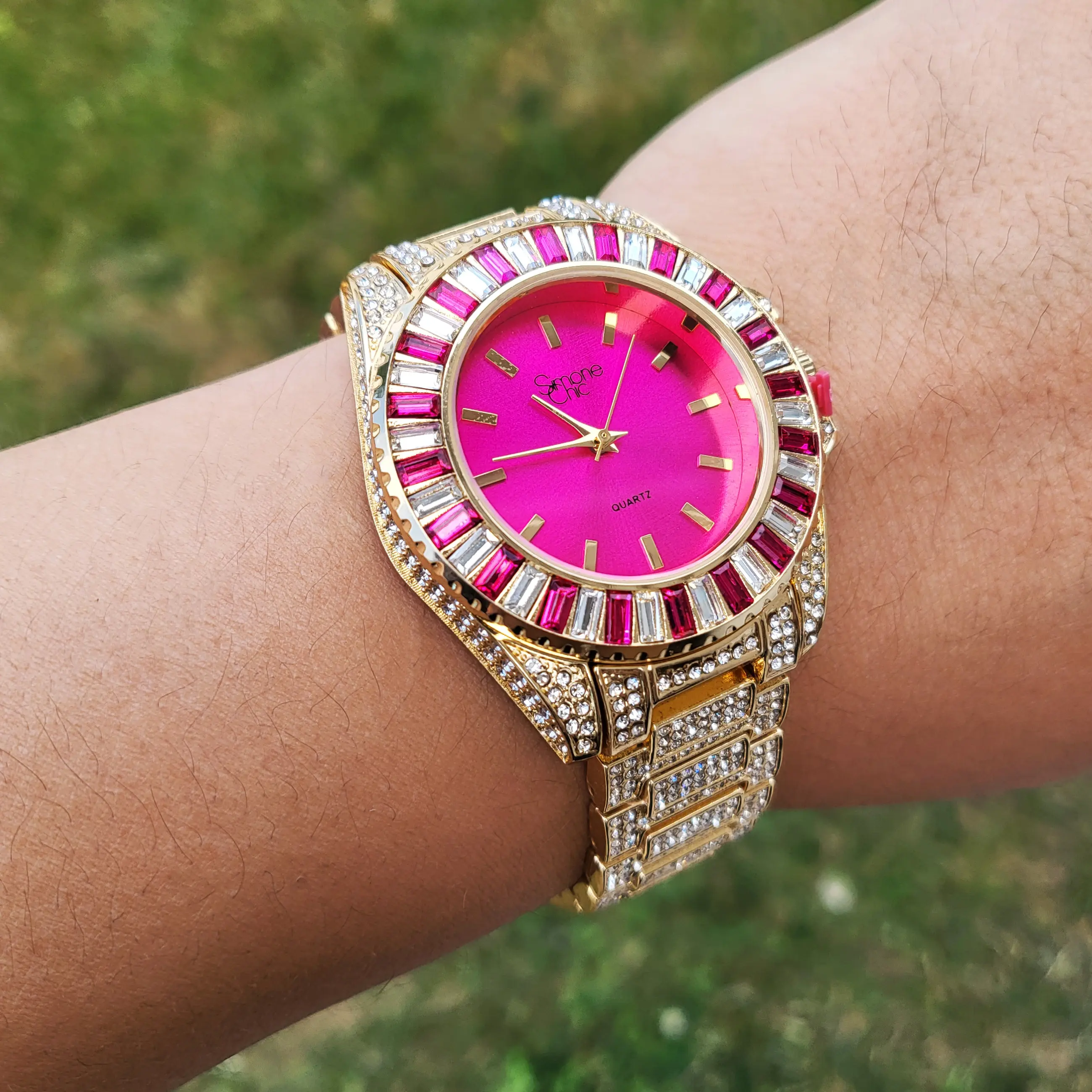 MaxBling81 Women's Watch, Iced Out Hip Hop Style Gold-Plated Stainless Steel with a 38mm Pink Analog Round Dial and Adjustable Baguette Stone Band, Watches For Women, Crystal, Batteries, Quartz Watch