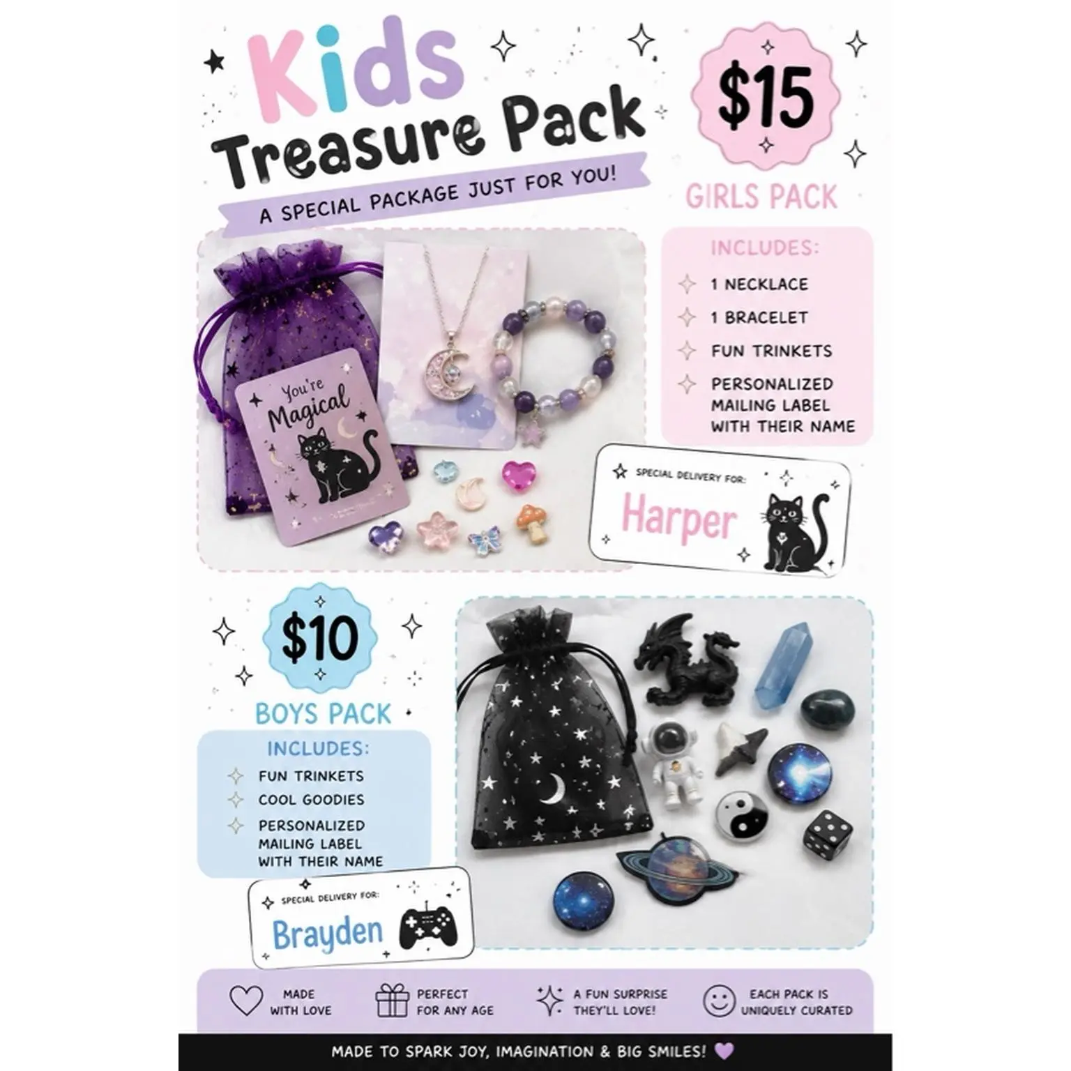 Kids Treasure Pack - Personalized Gift for Girls $15 with Necklace Bracelet Trinkets Stickers & Name Label - Perfect for Birthdays & Special Occasions