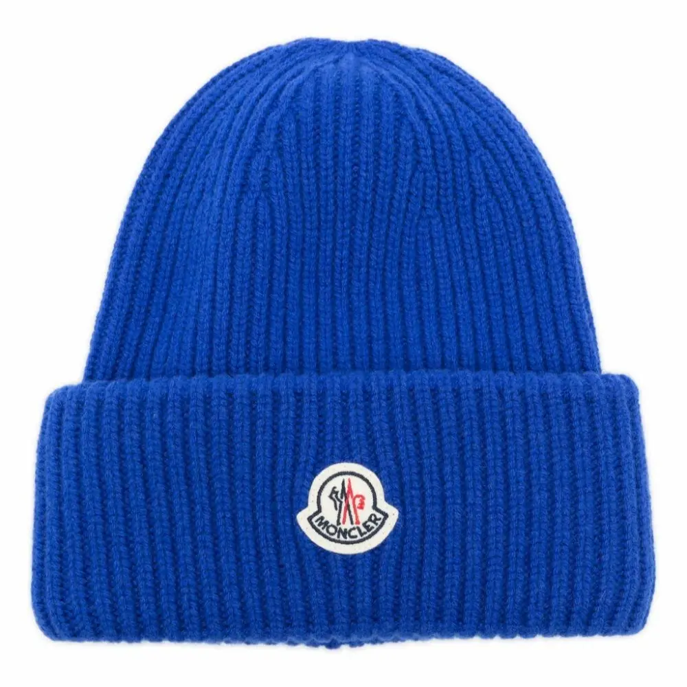 Moncler Logo Rib Knit Beanie Hat - Royal Blue, Soft Stretch Winter Skull Cap, Unisex Cuffed Beanie, Warm Wool Blend, Classic Casual Streetwear, Cold Weather Outdoor Ski Hiking Everyday Fashion Gift