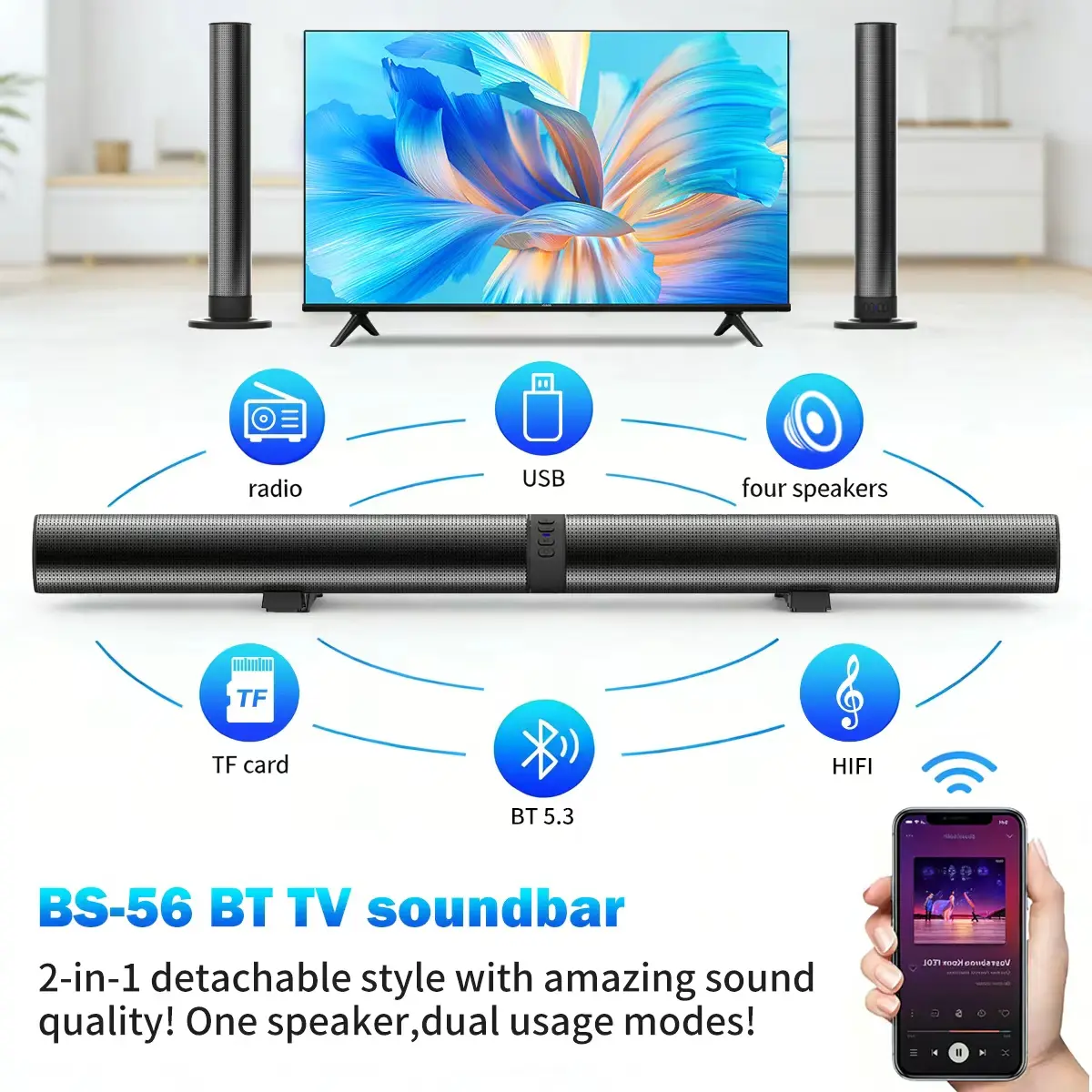 Split Soundbar, 40W Panoramic Surround Sound Audio Speaker with 4 Subwoofer Ducts, Wireless Home Theater Auxiliary Speaker for Living Room