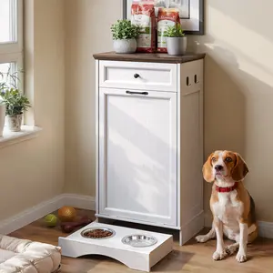 Summervibes 10 Gal Wood Tilt-Out Trash Can Cabinet with Drawer - Durable Hidden Pet-Proof Kitchen Bin, Space-Saving Floor Cabinet for Under Sink, Freestanding Kitchen & Laundry Supplies Storage summergarden