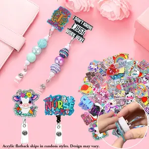 96pcs Beadable Badge Reel Kit, Mix 24 Acrylic Flatbacks, 12 Flat Clip Beadable Badge Reels, 6 Black + 6 White Rotating Alligator Clip Badge Reels, 48 Hook and Loop Dots, Multi-Item Party Favor Packs, Gift for Nurses Teachers Friends Office