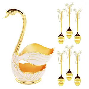 6pcs Sturdy Corrosion-Resistant Metal Dessert Spoon Cutlery Set with Elegant Animal Holder - Coffee, Ice Cream, Tea Tableware for Home Kitchen Bow Tops Use