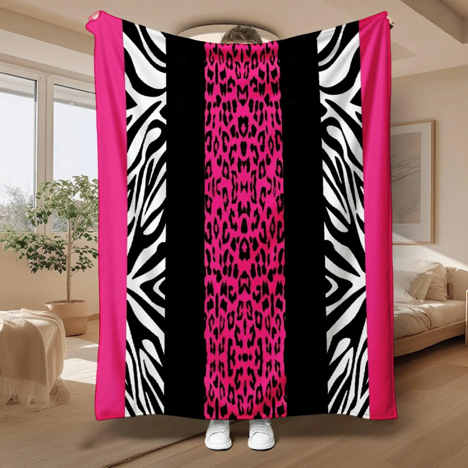 Zebra and Pink Leopard Pattern Blanket Soft Cozy Plush Bed Throw Suitable for Sofa Bed Bold Animal Print Bedspread Warm Comfort Gift Contemporary Bedding Accessory Plush Blanket Home Decor Bedding and Luxury Throw Collection