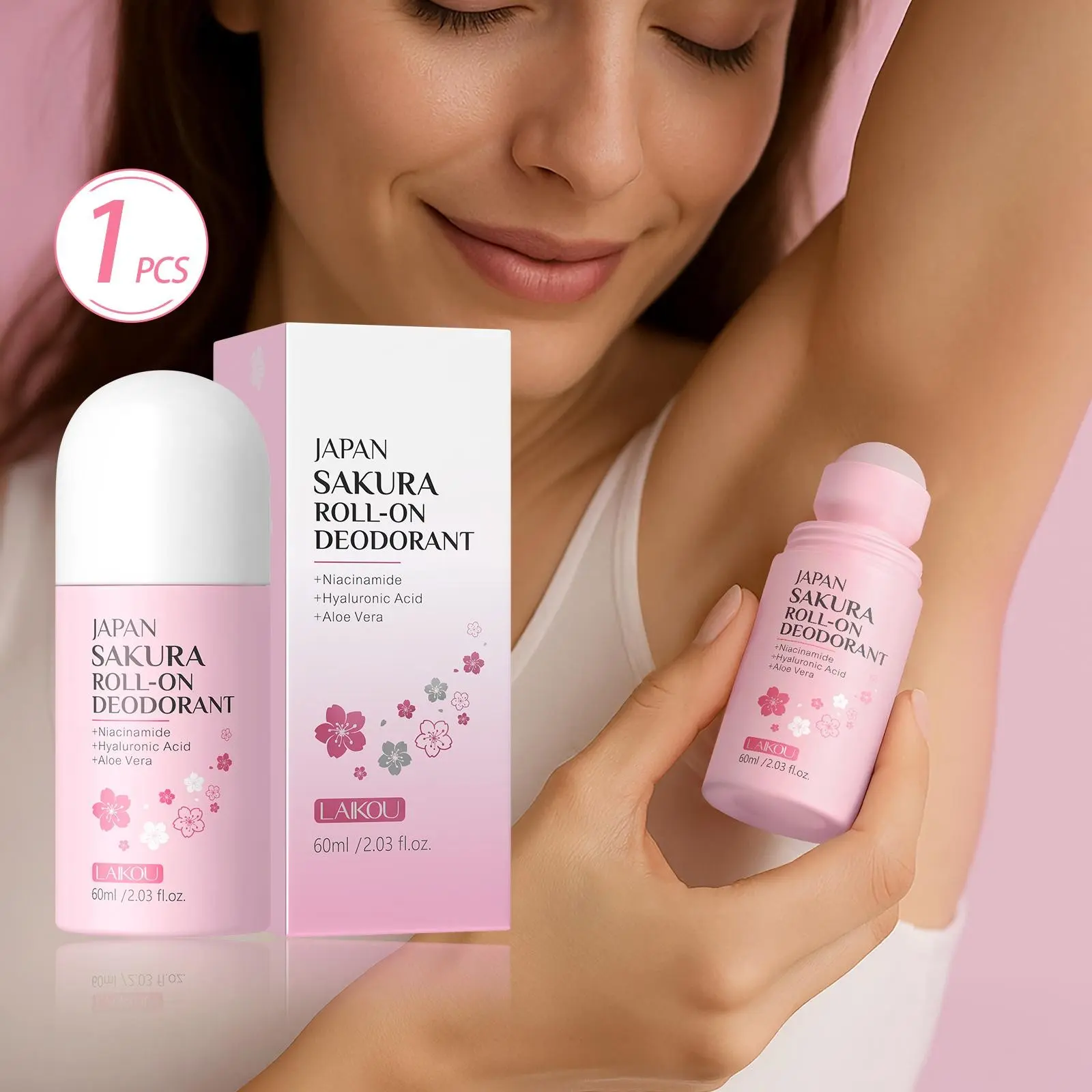 Laikou Japanese Sakura Roll-On Deodorant, Body Care, Floral Scent for Freshness, Long-lasting Dryness, Odor Defense, Odor Control