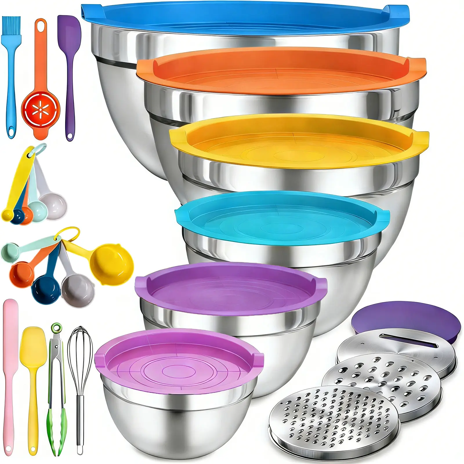 Nifogo 6+14 Mixing Bowls with Lids Set of 6, Stainless Steel Salad Mixing Bowl with Lid, Metal Nesting Storage with 3 Graters and 7 tools for Kitchen Prepping/Serving/Baking,4.5/4/3.5/2.1/1.5/1.1 QT - Colorful