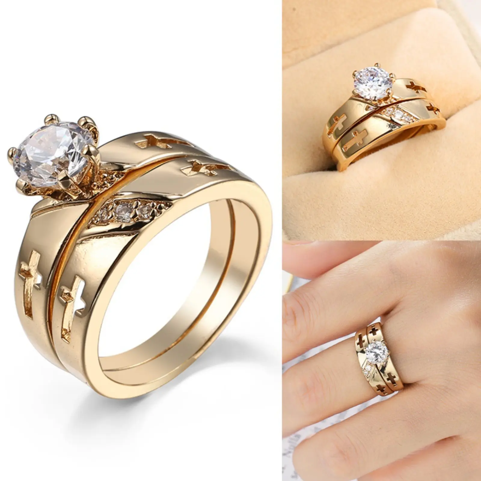Beautiful Stacking Ring Set, Unisex Gold-Plated Geometric Jewelry with White Zircon, Interlocked Couple Accessory, Beautiful Rings, Jewelry Ring