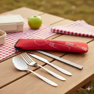 Rust-Proof Stainless Steel Cutlery Set 4-Piece with Pouch, Portable Outdoor Camping & Picnic Utensils, Durable Home Office Kitchen Travel Dining Essentials