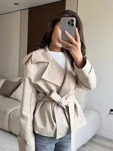 Women's Fashion Belted Short Jacket Coat, Pure Color Casual Outerwear, Stylish Chic Style, Spring & Fall Clothing