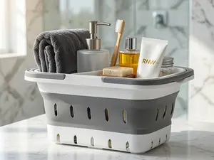Portable Collapsible Waterproof Polypropylene Shower Caddy Tote with Handles - Classic Foldable Bathroom Organiser for College Dorm, Travel Home Supplies Storage